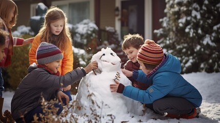A group of children building a whimsical snowman in their backyard.