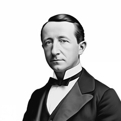 Black and white vintage engraving, headshot portrait of Guglielmo Marconi, the famous Italian inventor and electrical engineer, white background, greyscale - Generative AI