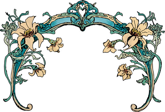 Tan and green daisy flower arch, design element in art nouveau style, tan flowers with green baroque or art nouveau stle arch, florishes