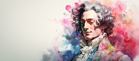 Multicolor Illustration of the composer in the style of water paints. With space for text