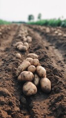 Potatoes in soil at garden bed. Freshly harvested organic agricultural potato harvest. 