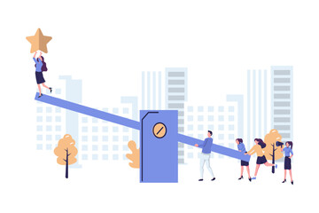 people on a swing and outweighs them to get a star from the sky, achieving success flat vector