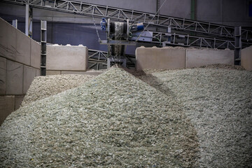 A belt transports crushed glass material ready for recycling