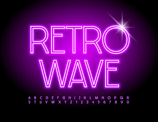 Vector neon Emblem Retro Wave. Bright Glowing Font. Electric Alphabet Letters, Numbers and Symbols.