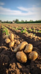 Fototapeta premium Potatoes in soil at garden bed. Freshly harvested organic agricultural potato harvest. 