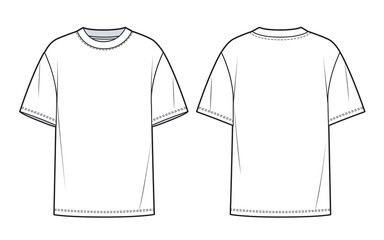Overfit Tee Shirt fashion flat technical drawing template. Unisex T-Shirt fashion CAD, front, back view, white color. - obrazy, fototapety, plakaty