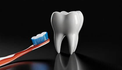 Dental care concept, tooth model and toothbrush on black .