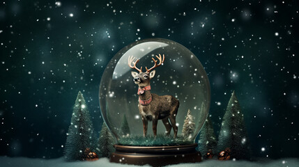 Playful Christmas Holidays Snow Globe with Reindeer and Snowfall on Emerald Green Background with Twinkle Lights Background Effect - Xmas Decor Theme with Copy Space