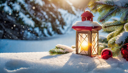 Christmas Lantern on snow with fir branch on the winter forest background. - Powered by Adobe