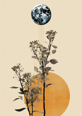 Minimalistic collage of harbarium, against orange and classic planets with abstract elements in the background. Surreal collage-style paintings