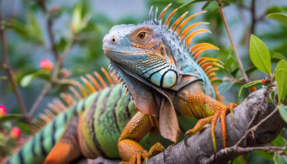 Obraz premium Colorful iguana sitting on a branch.