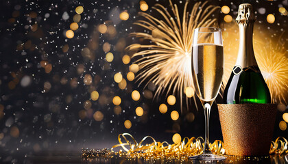 Champagne bottle and glass on the fireworks background.  - obrazy, fototapety, plakaty