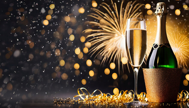 Champagne bottle and glass on the fireworks background. 