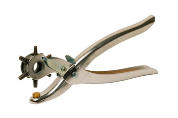 Tailoring accessories. Closeup of a old adjustable Steel punch pliers or hole punch tool isolated. Clipping path. Tools from tailor, saddler or cobbler. - obrazy, fototapety, plakaty