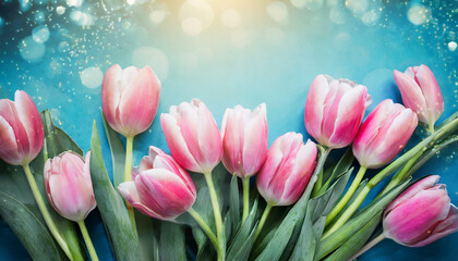 Tulips flower on pink background, for greeting card