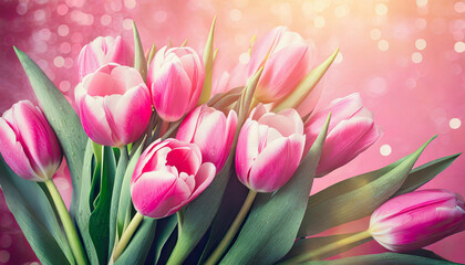 Fototapeta premium Tulips flower on pink background, for greeting card