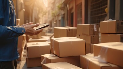 Close-up shots of customers receiving notifications of delivered packages, symbolizing the seamless and secure nature of contactless delivery - obrazy, fototapety, plakaty