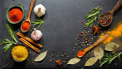 Obraz na płótnie Canvas Kinds of spices on dark background.