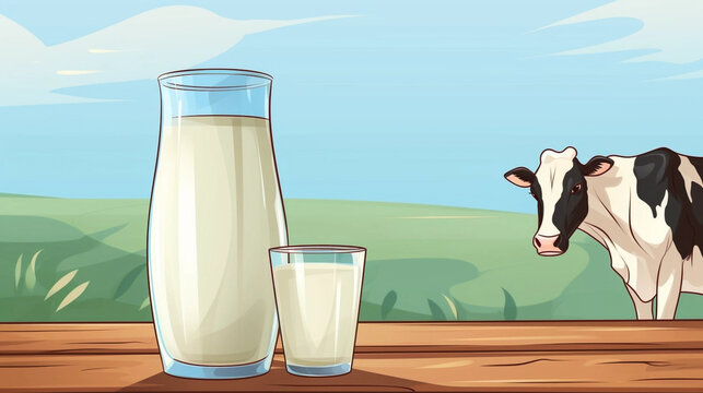 copy space, illustration, a glass of milk and a cow, no tekst.  Healthy food concept. National milk day.