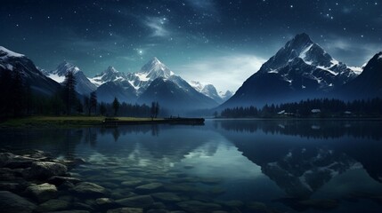 an image of a mountain lake reflecting the stars at night