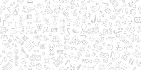 Preschool kindergarten doodle line seamless pattern. Cute daycare hand drawn elements. - obrazy, fototapety, plakaty