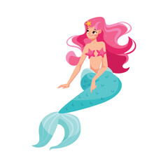 Mermaid with Pink Hair and Fish Tail as Good Fairytale Character Vector Illustration