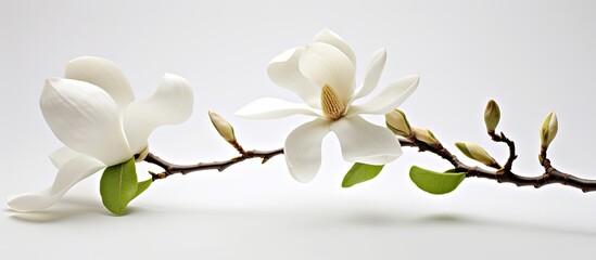 In the midst of the serene and vibrant nature, a beautiful white magnolia blossom, isolated against a pristine white background, stood as a gem of floral beauty, decorating the tree with its