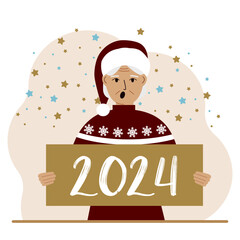 A woman in a Christmas red hat with snowflakes holds a Happy New Year 2024 card.