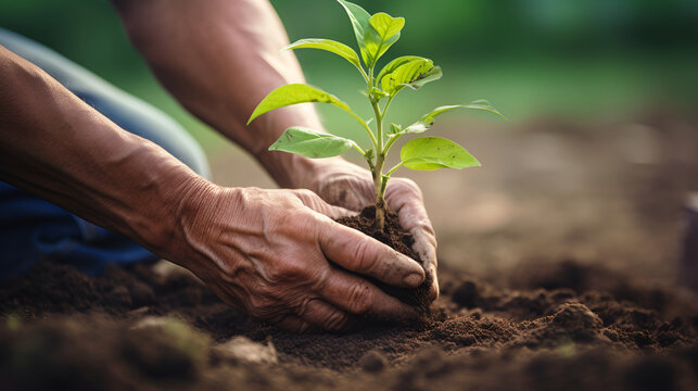 A young plant with green leaves is planted in the ground. The hands of an elderly, hard-working man compact the earth around him. Concept of ecology and new life