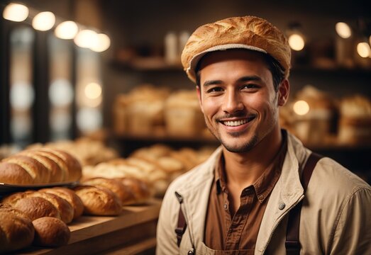 charming handsome men wearing bread maker costume and hat, bread and cookie on the background
