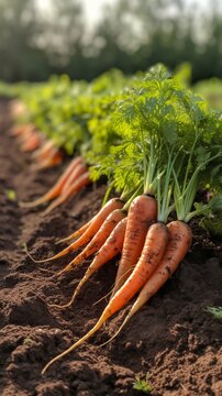 Carrots in soil at garden bed. Freshly harvested organic agricultural carrot harvest. 