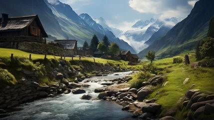 Fotobehang an image of a mountain village with a meandering mountain stream © Wajid