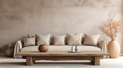 Fototapeta na wymiar Rustic barn wood coffee table against beige sofa and stucco wall with copy space. Wabi-sabi home interior design of modern living room 
