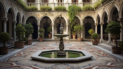 Fototapeta na wymiar an image of a peaceful courtyard with a central ornate fountain