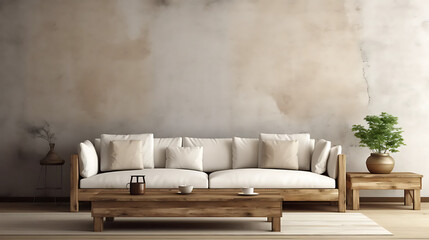 Fototapeta na wymiar Rustic barn wood coffee table against beige sofa and stucco wall with copy space. Wabi-sabi home interior design of modern living room 