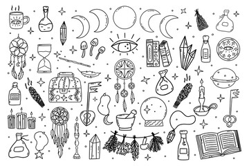 Set of magical elements. Hourglass, books and herbs, dream catcher and candles, magic wand and crystals, third eye. Black and white vector isolated illustration hand drawn doodle collection