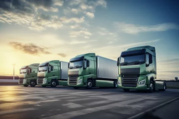 Poster Row of green semi trucks parked in sequence, showcasing eco-friendly transport. Symbolizing a shift toward sustainable logistics © scharfsinn86