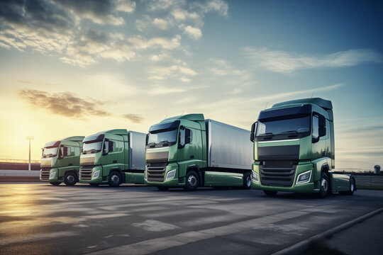 Row of green semi trucks parked in sequence, showcasing eco-friendly transport. Symbolizing a shift toward sustainable logistics