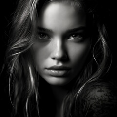 Fototapeta premium Black and white photo of a beautiful woman staring into the camera