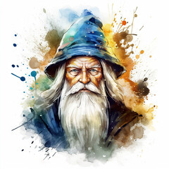 A watercolor painting of an old wizard