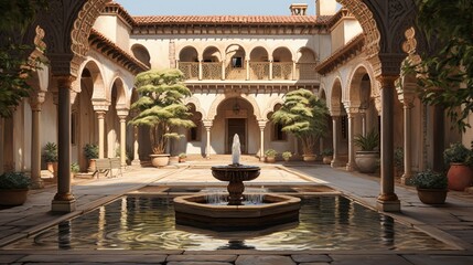 Fototapeta na wymiar an image of a peaceful courtyard with a central ornate fountain