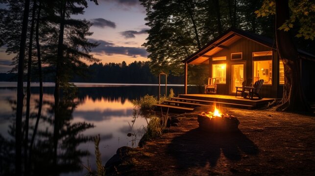 an image of a peaceful lakeside cabin at dusk