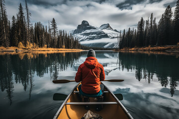 Male traveler in winter coat canoeing in Spirit Island on Maligne Lake at Jasper national park