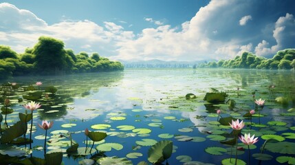 Fototapeta na wymiar an image of a picturesque lake with lush water lilies