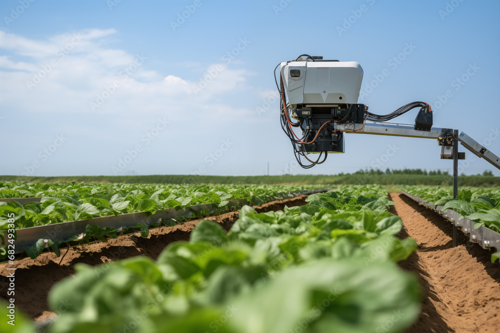 Poster Robot is working in an agricultural field. Using artificial intelligence on a smart farm