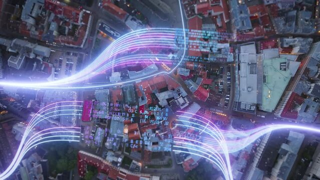 Top down footage of historic city center of city. Computer graphics of colorful lines and values. Digital highways. Riga, Latvia