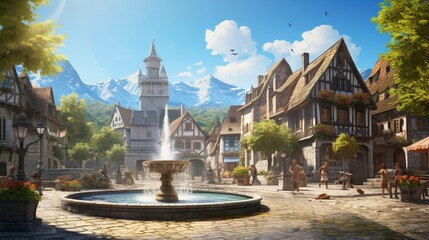 an image of a picturesque European village with a quaint village square fountain - obrazy, fototapety, plakaty
