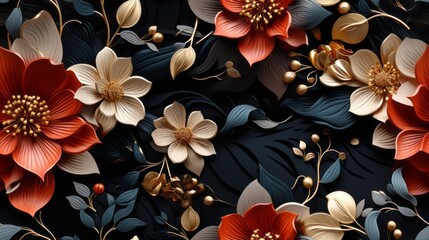 Seamless Vector Image of a Dark Floral Pattern with Golden Details