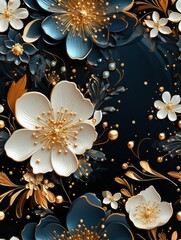 Seamless Vector Image of a Dark Floral Pattern with Golden Details