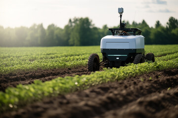 Autonomous wheeled robot is working in an agricultural field. Using artificial intelligence on a smart farm